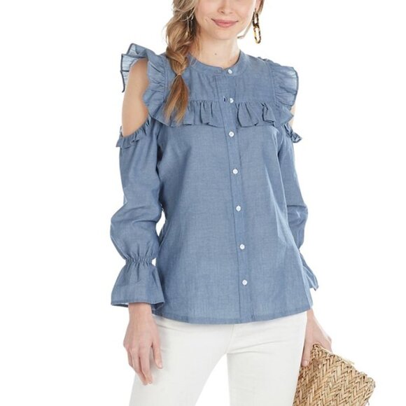 NWT! Urban Cowgirl Chambray Cold Shoulder Blouse - Picture 1 of 4